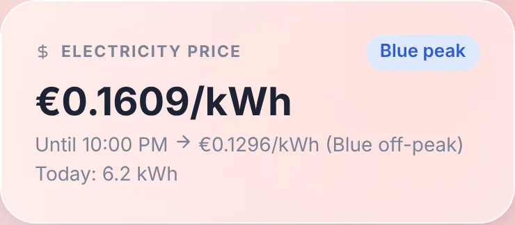 The electricity price widget: the current price, until when it applies, and the next one