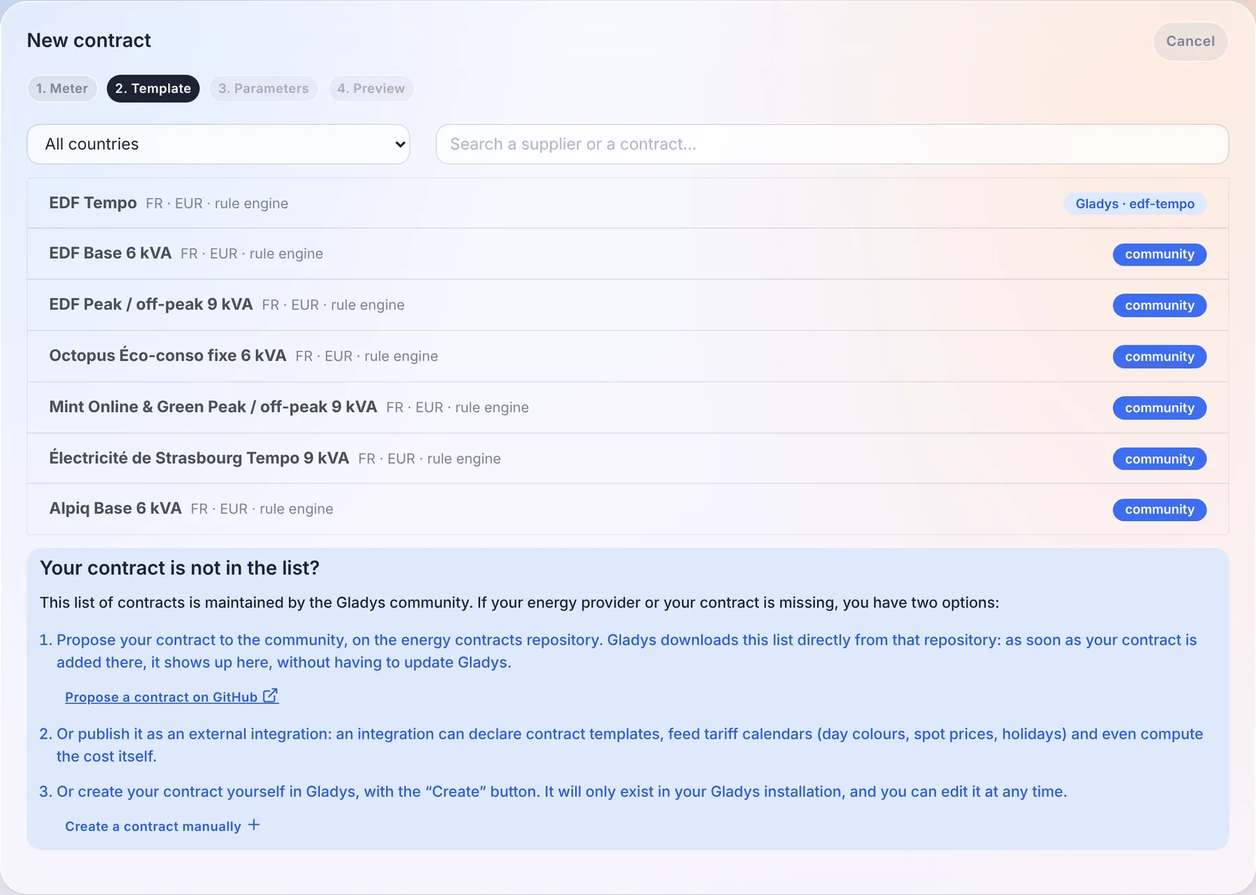 The list of contract templates, with a search field and a country filter