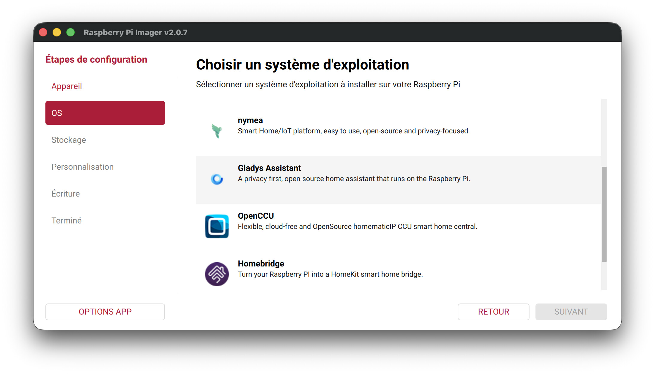 Gladys im Raspberry Pi Imager