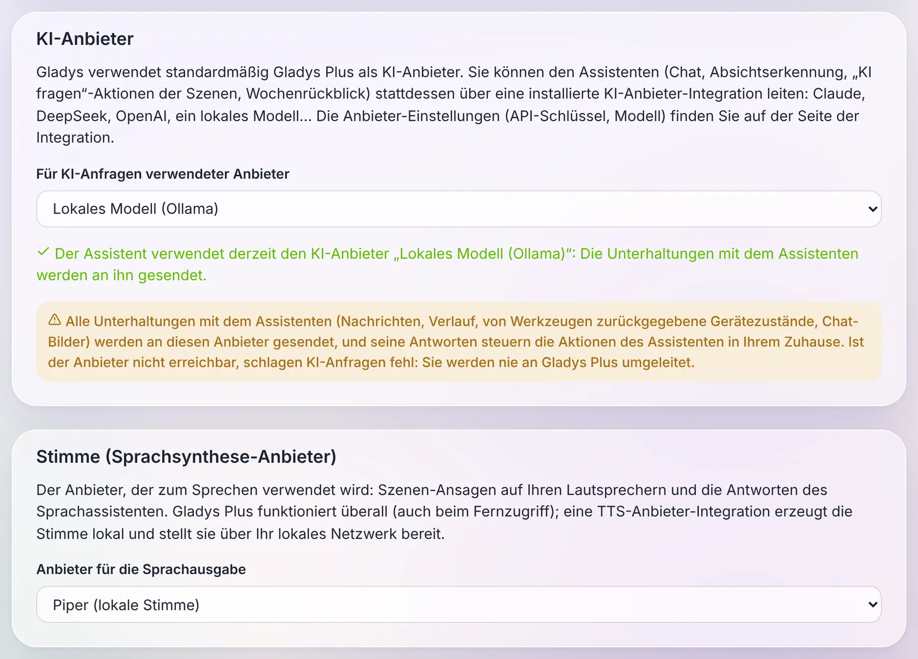 Die Wahl des KI-Anbieters und der Stimme auf der Seite „Künstliche Intelligenz“ (Beispiel-Integrationen)