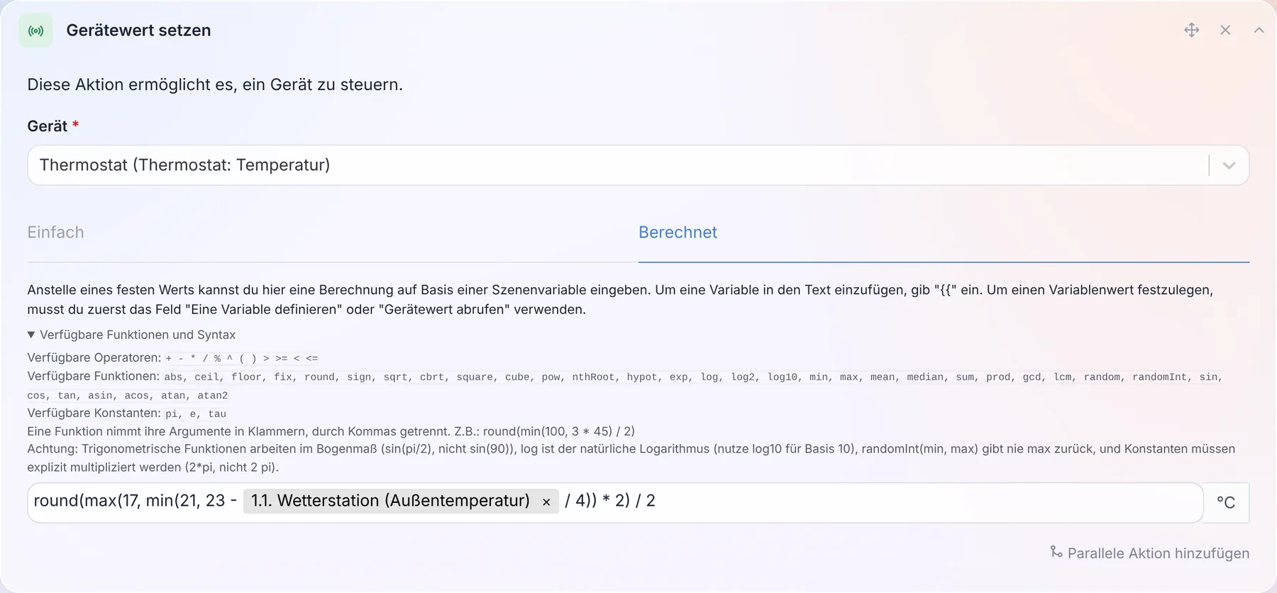 Das Formelfeld einer Szene mit der Liste der verfügbaren Funktionen