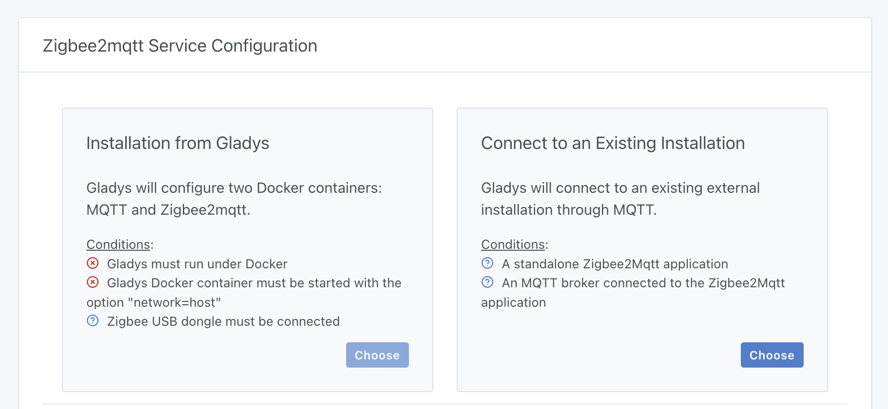 Auswahl des Zigbee2mqtt-Modus in Gladys