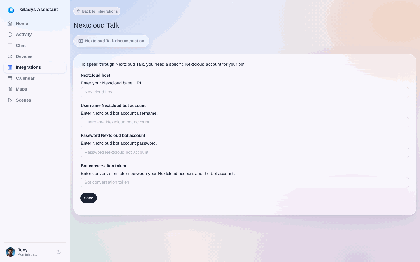 Bot-Konfiguration in Gladys Assistant eintragen