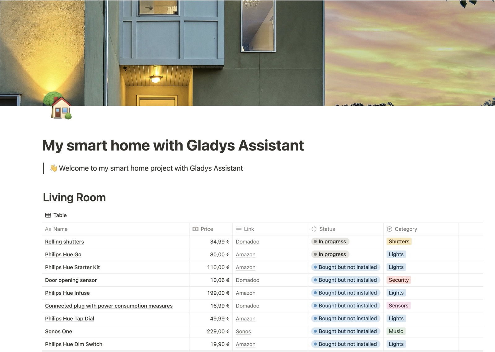 Notion-Tabelle für das vernetzte Zuhause