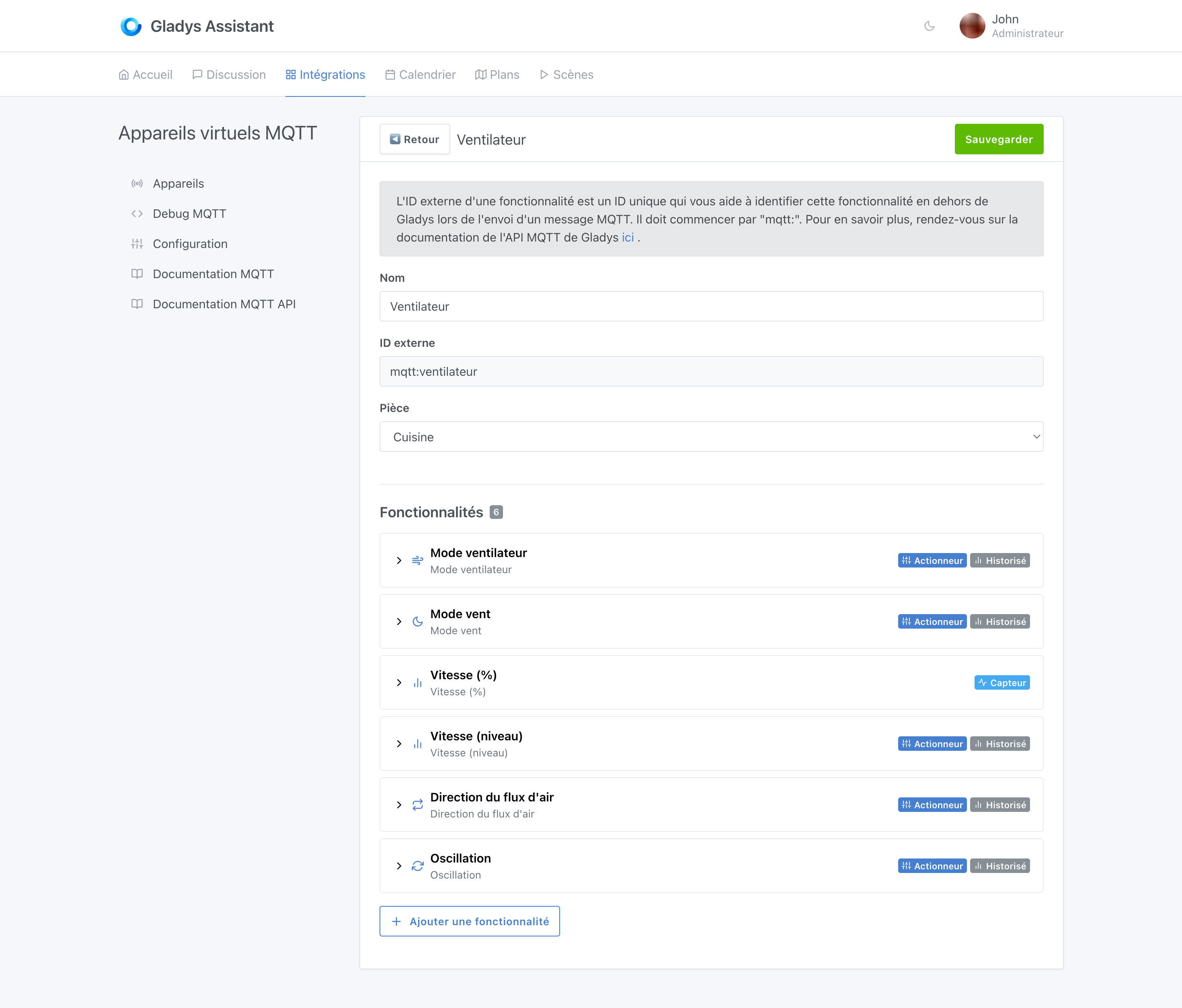 Lista de dispositivos MQTT de Gladys agrupados por habitación