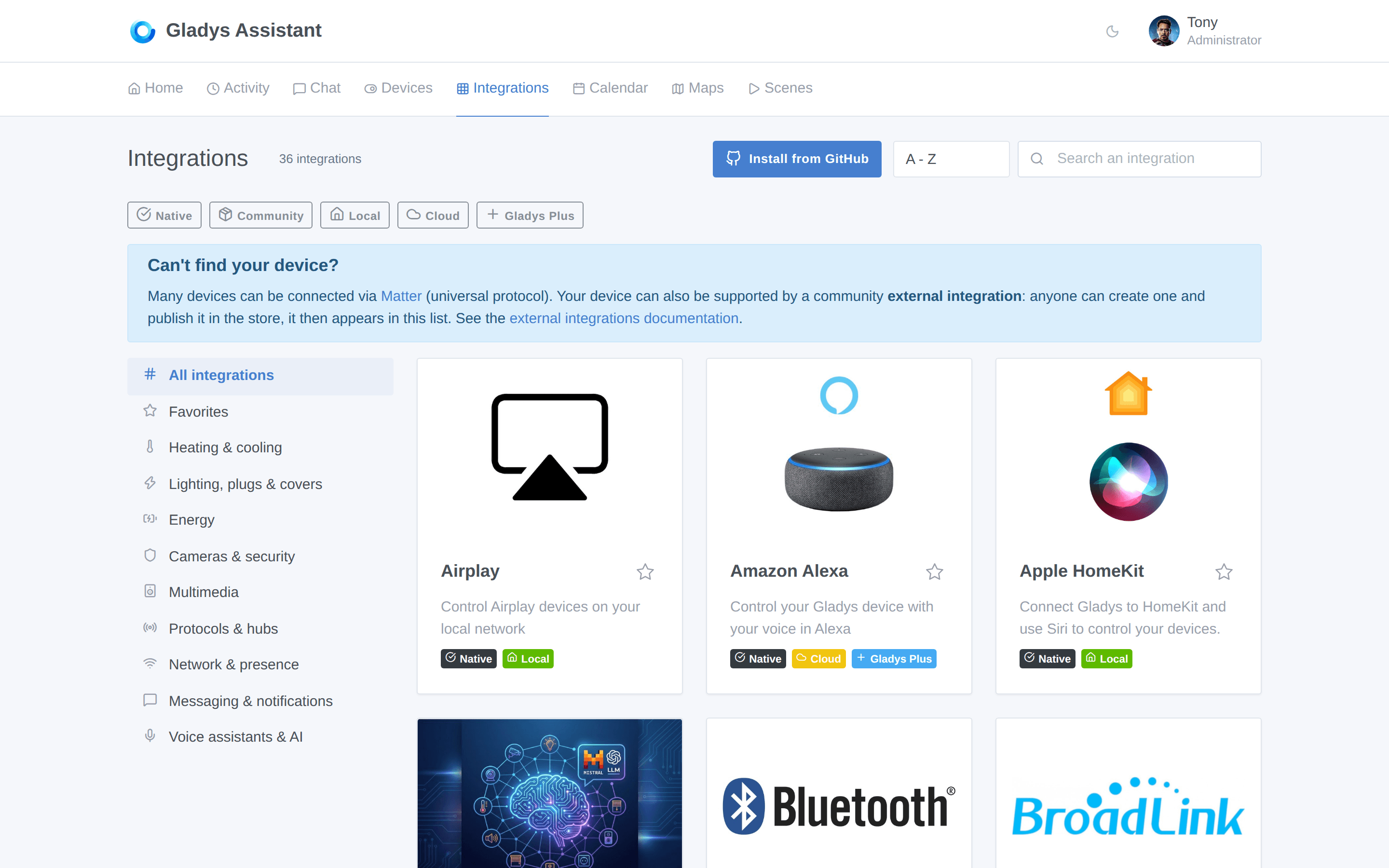 El catálogo de integraciones con su barra lateral de categorías y sus filtros por facetas