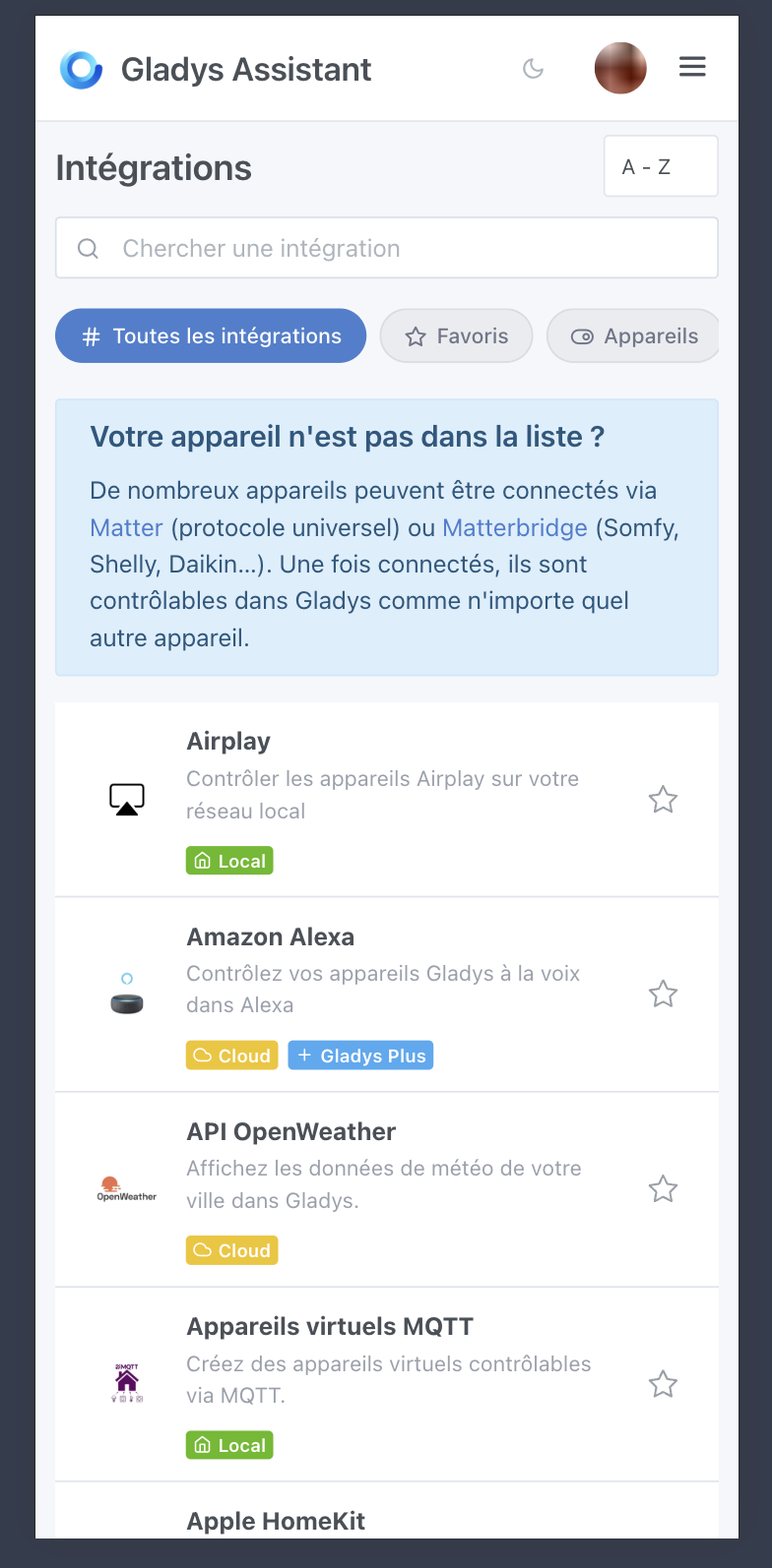 Lista de integraciones en el móvil