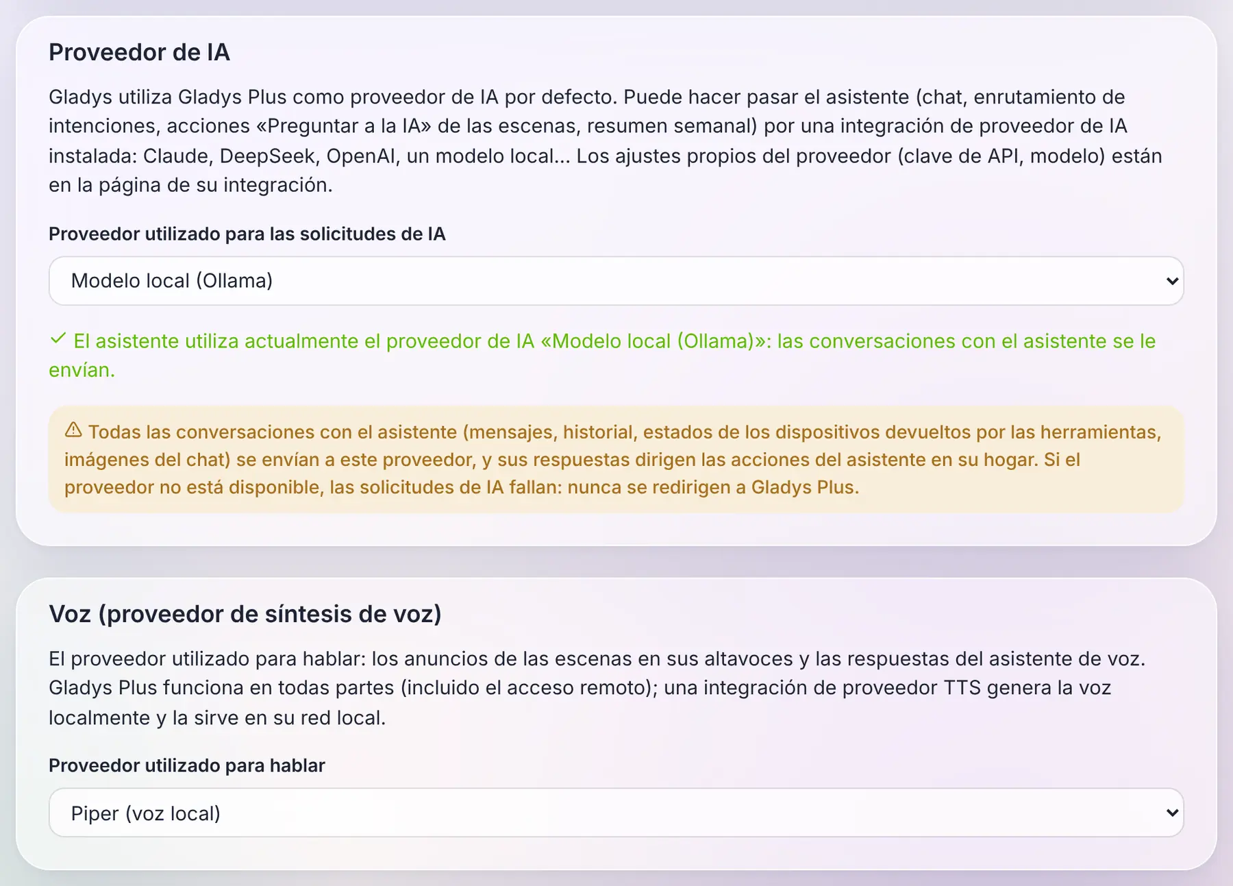 La elección del proveedor de IA y de la voz, en la página Inteligencia artificial (integraciones de ejemplo)