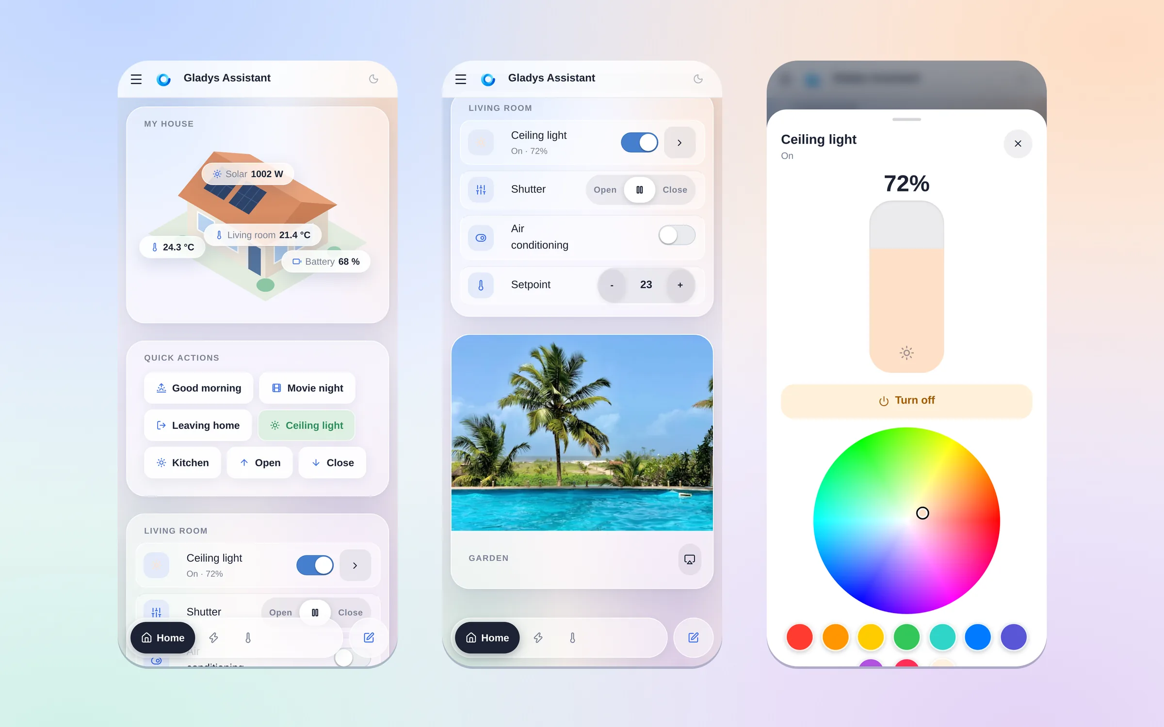 Gladys Assistant 5 en un móvil: la pantalla de inicio, los controles de una habitación y el panel de una luz