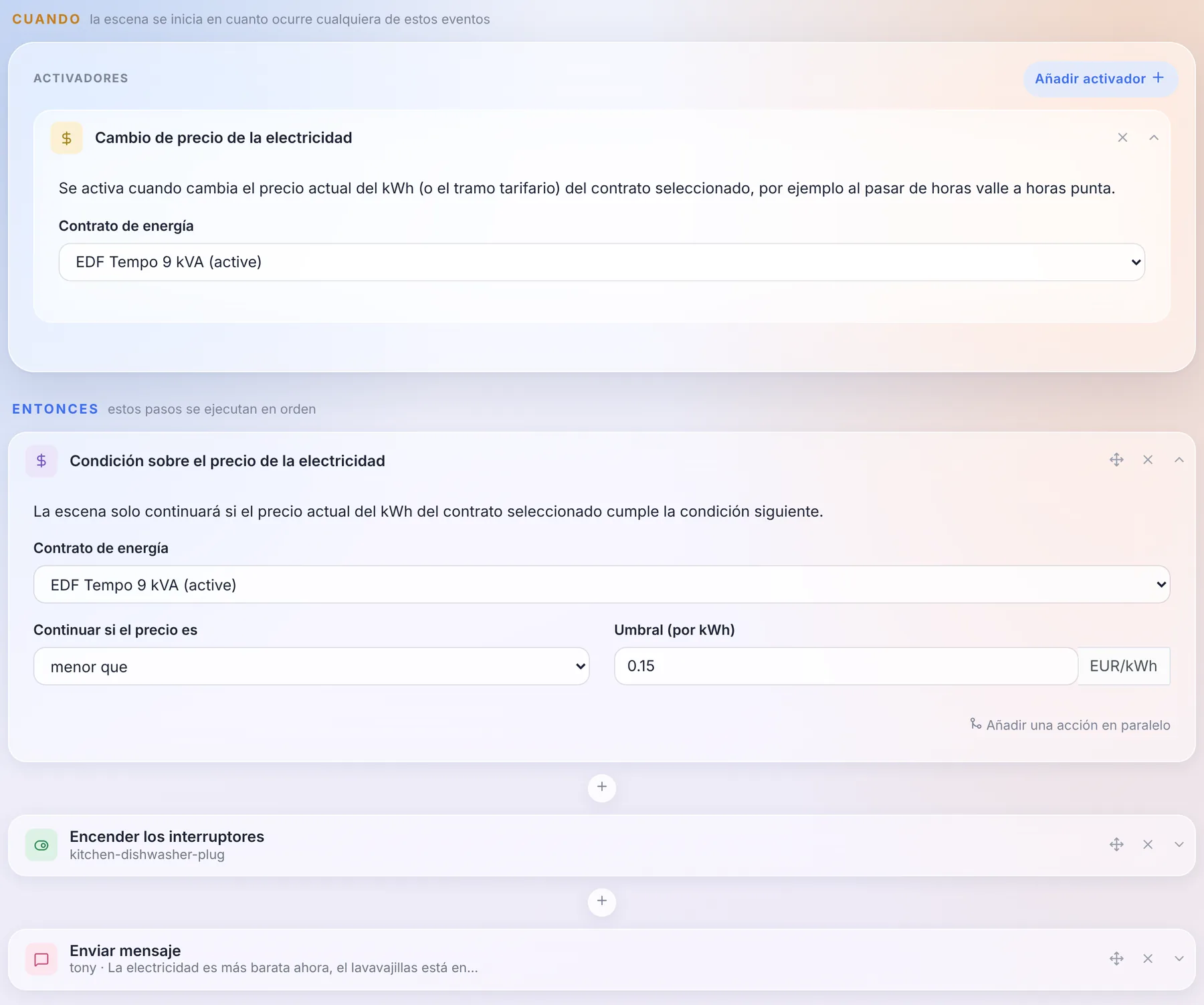 Una escena que pone en marcha el lavavajillas en cuanto el precio baja de 0,15 €/kWh