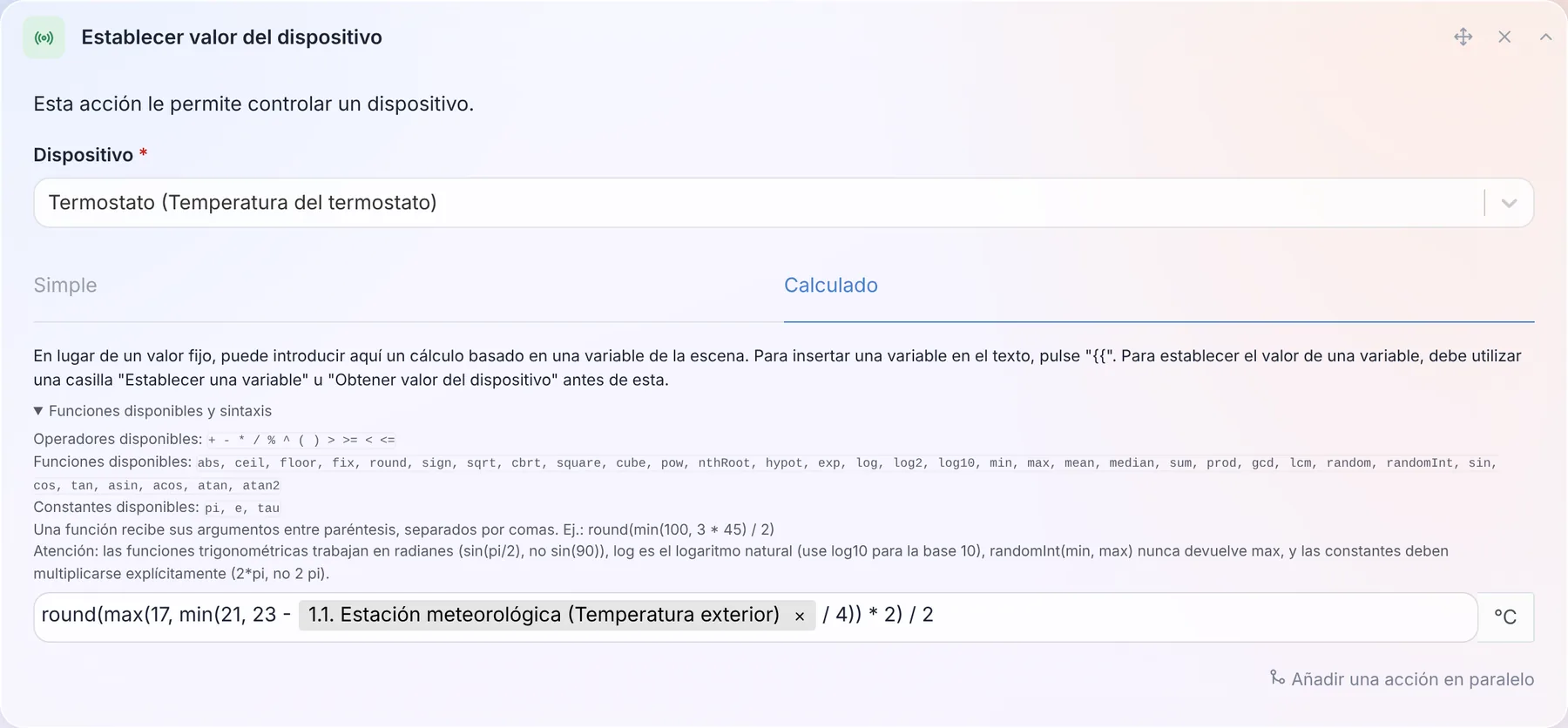 El campo de fórmula de una escena, con la lista de funciones disponibles