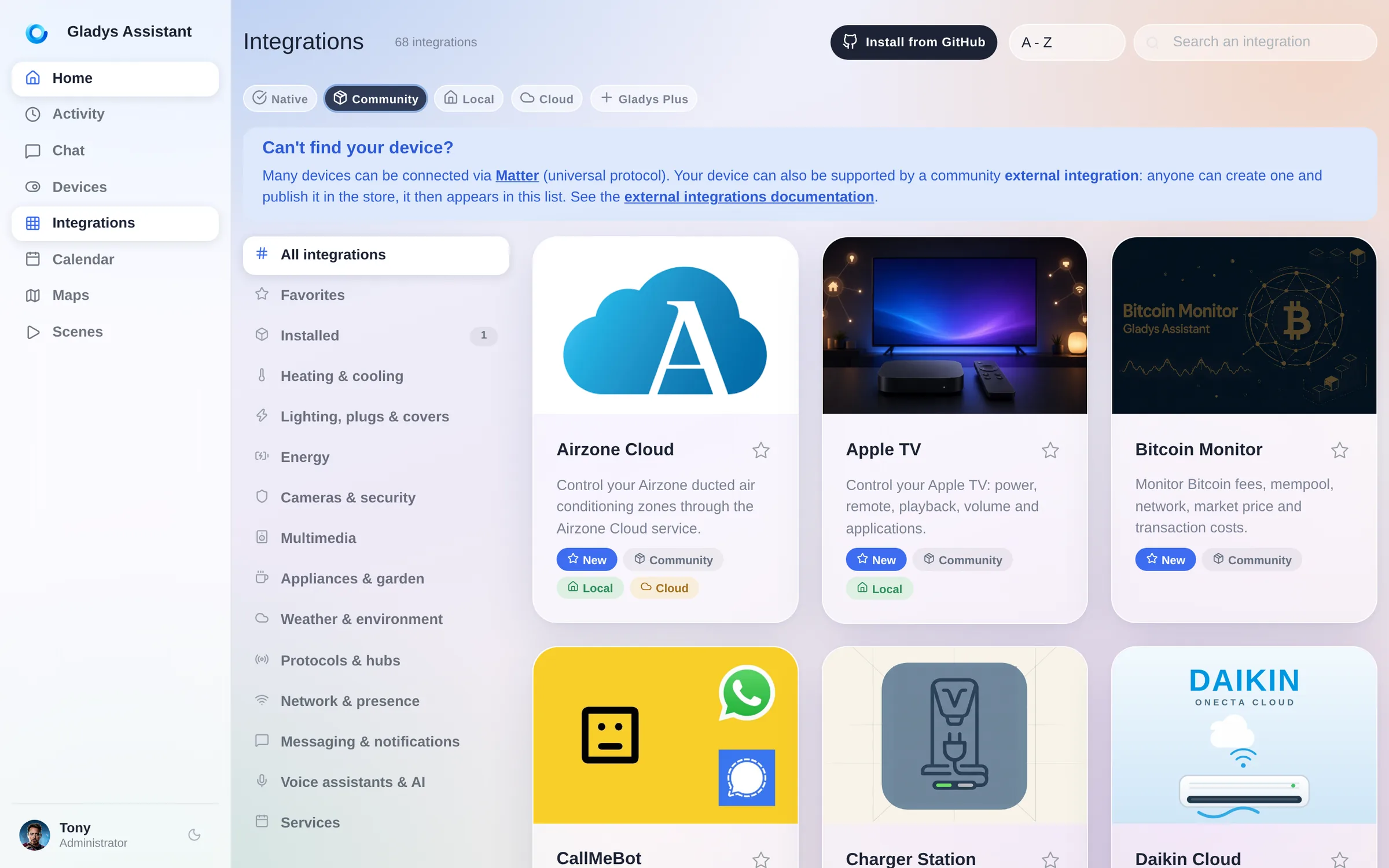 El catálogo de integraciones, filtrado por las integraciones de la comunidad
