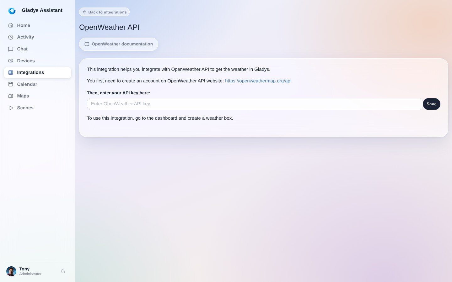 Añadir la clave API de OpenWeather en Gladys Assistant