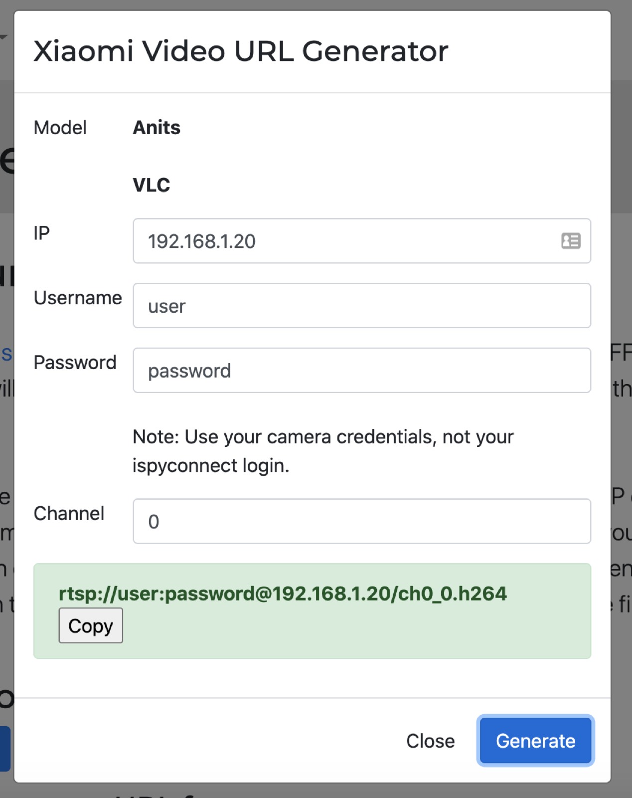 Generador de URL de cámaras RTSP iSpyConnect