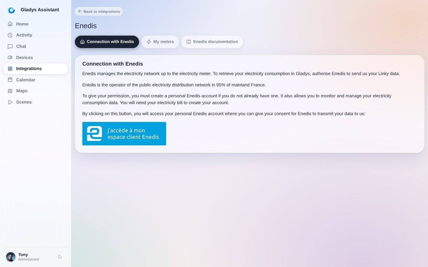 Consentimiento de la integración Enedis en Gladys