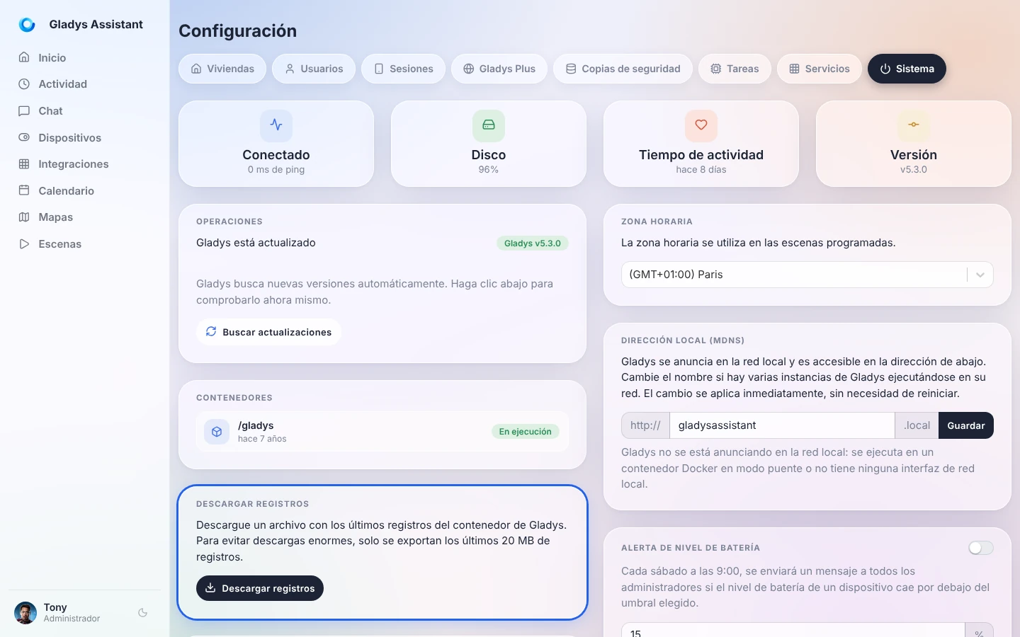 La tarjeta «Descargar registros» en la pestaña Sistema de la configuración de Gladys