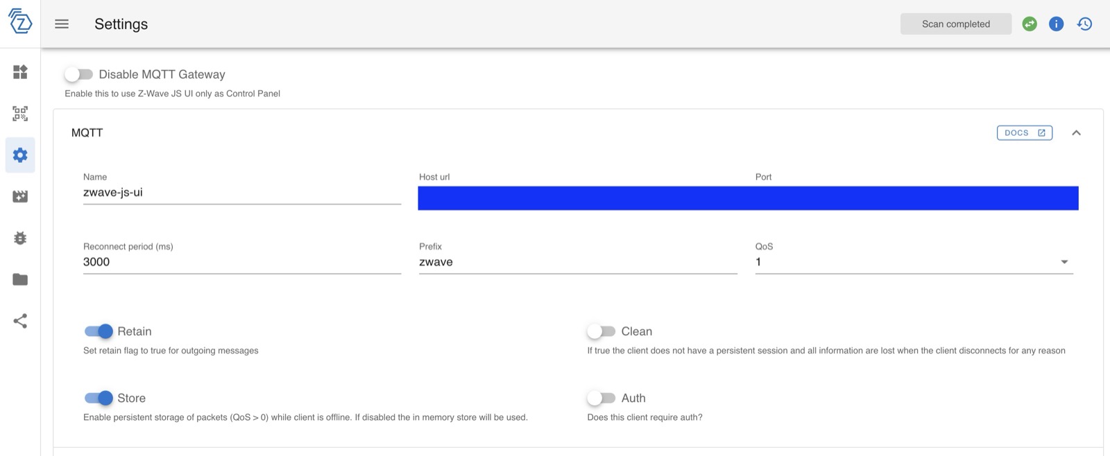 Configuración MQTT de Z-Wave JS UI