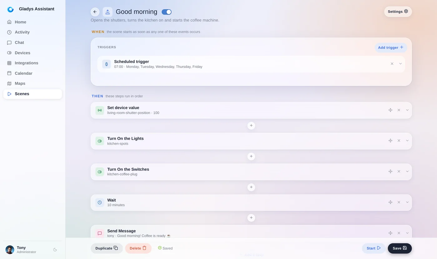 El editor de escenas de Gladys Assistant