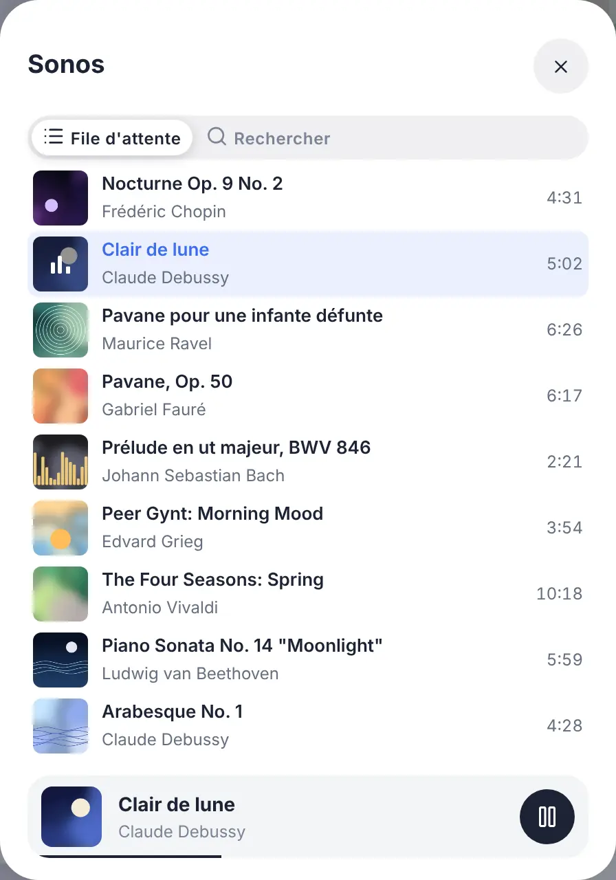 La file d'attente du lecteur, avec le morceau en cours mis en évidence