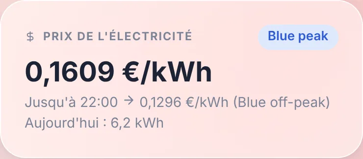Le widget prix de l'électricité : le prix actuel, jusqu'à quand il s'applique, et le suivant