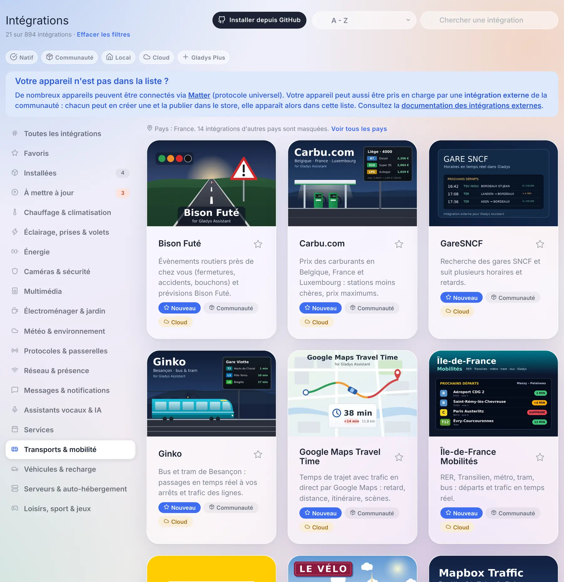 Le catalogue : les nouvelles catégories, et les intégrations des autres pays masquées