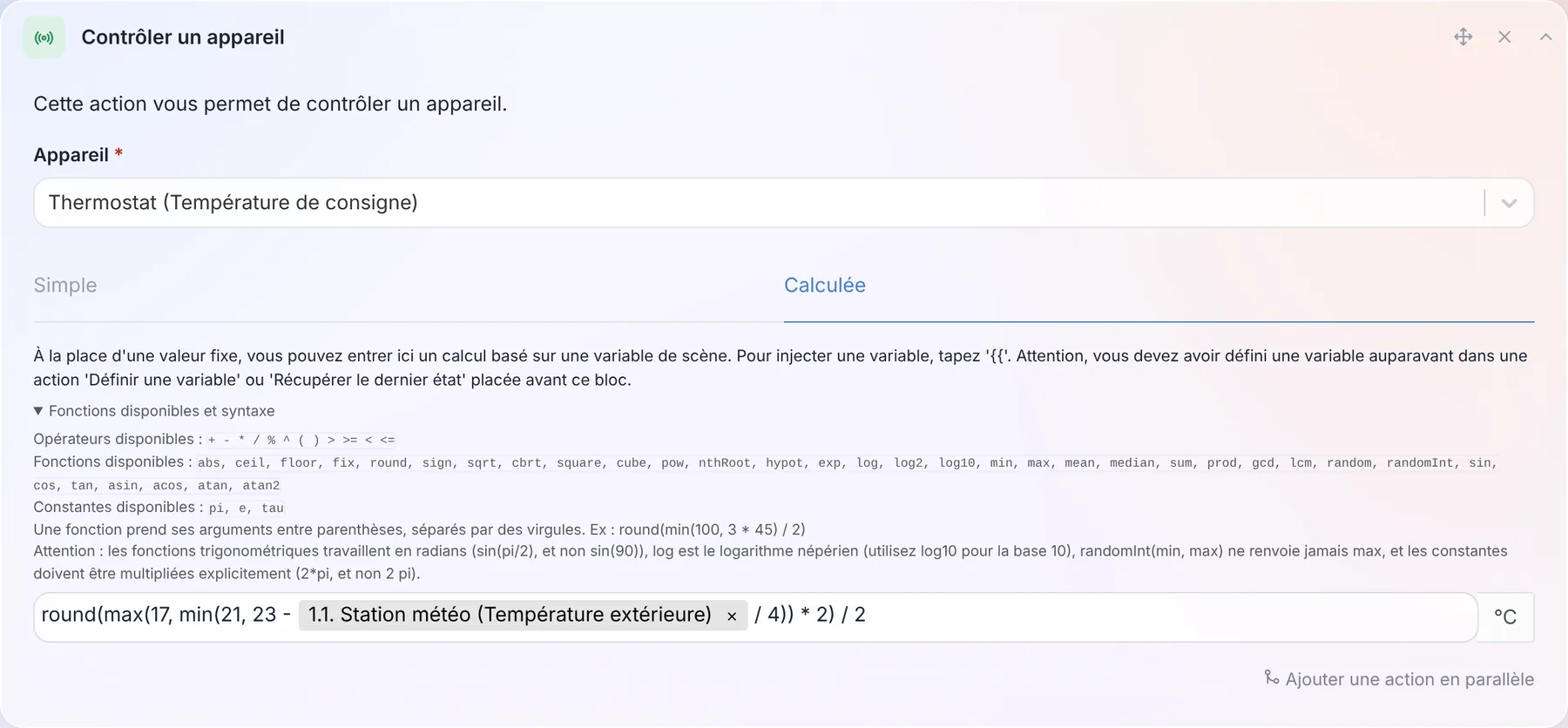 Le champ de formule d'une scène, avec la liste des fonctions disponibles