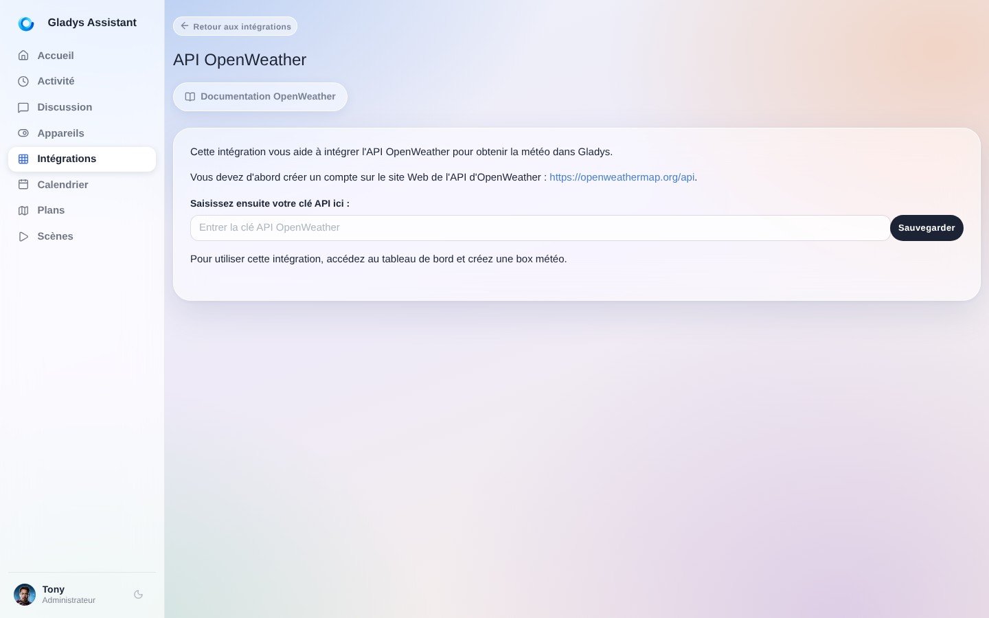 Ajoutez votre clé d'API dans Gladys Assistant