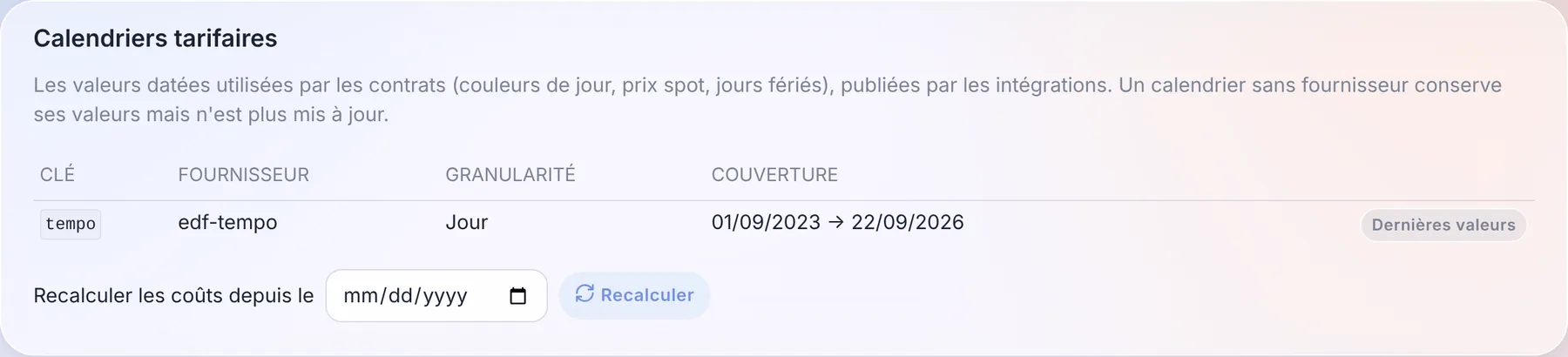 Les calendriers tarifaires connus de Gladys, ici les couleurs EDF Tempo
