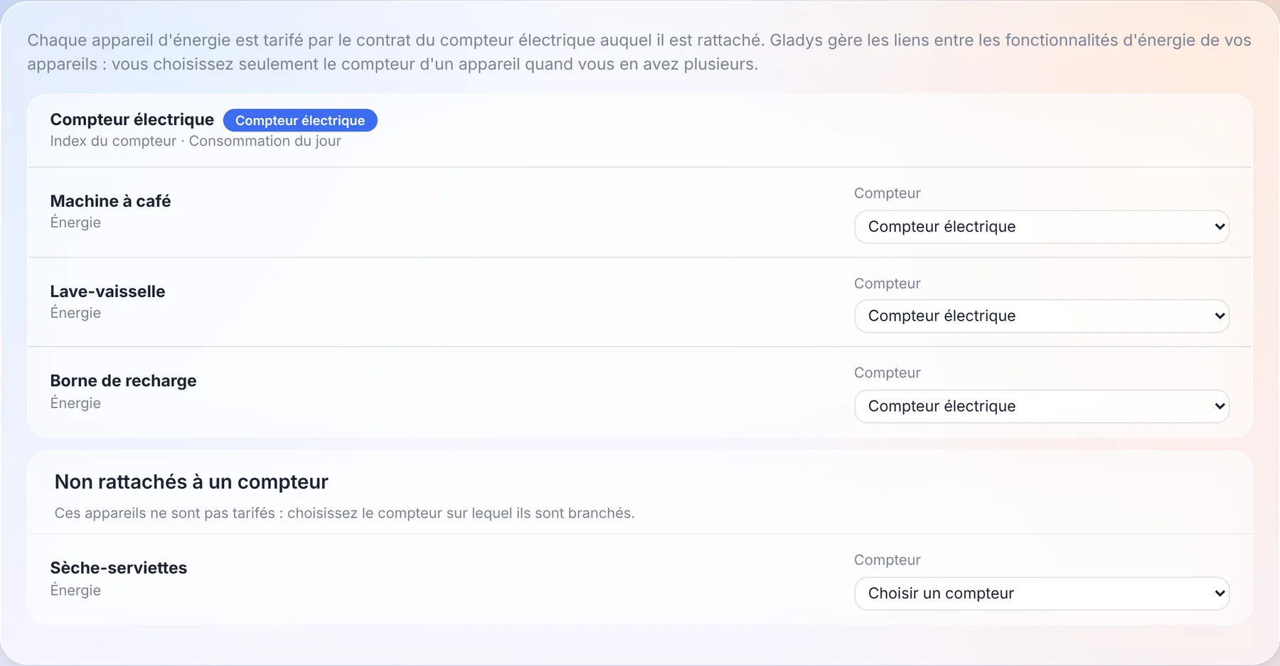 Chaque compteur électrique avec les appareils qui y sont rattachés, et un appareil rattaché à aucun compteur