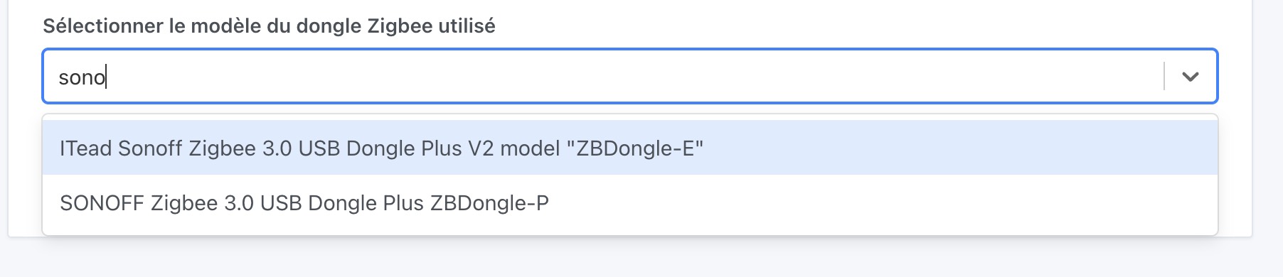 Sélection modèle dongle Zigbee